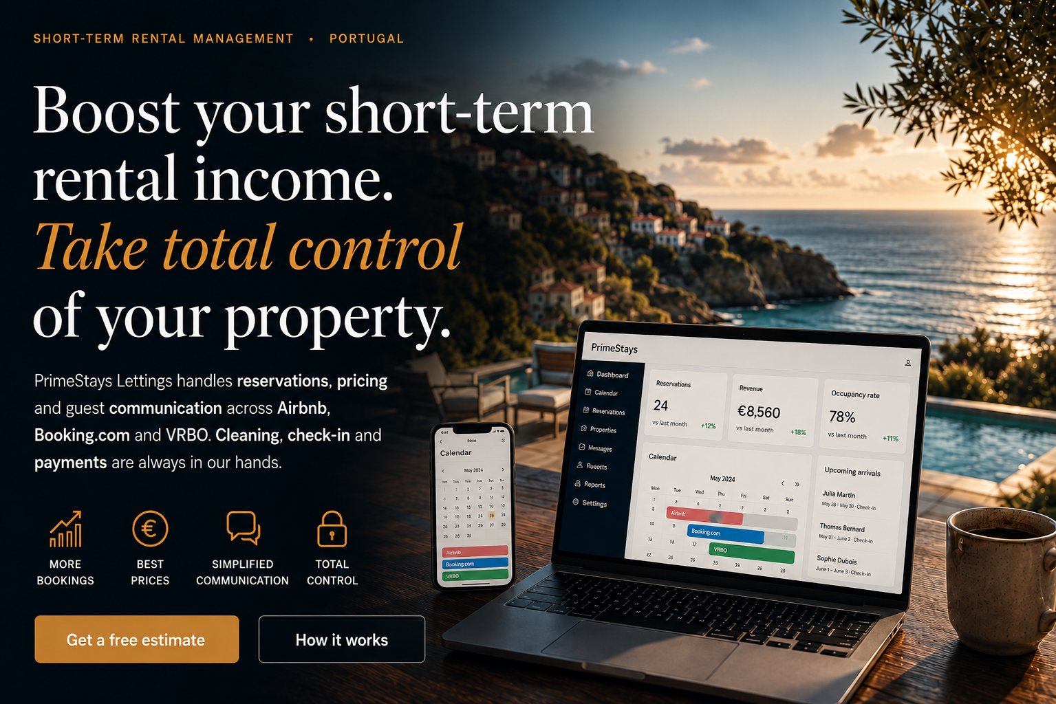 PrimeStays Lettings dashboard with reservations, revenue and occupancy rate, overlooking a villa with pool