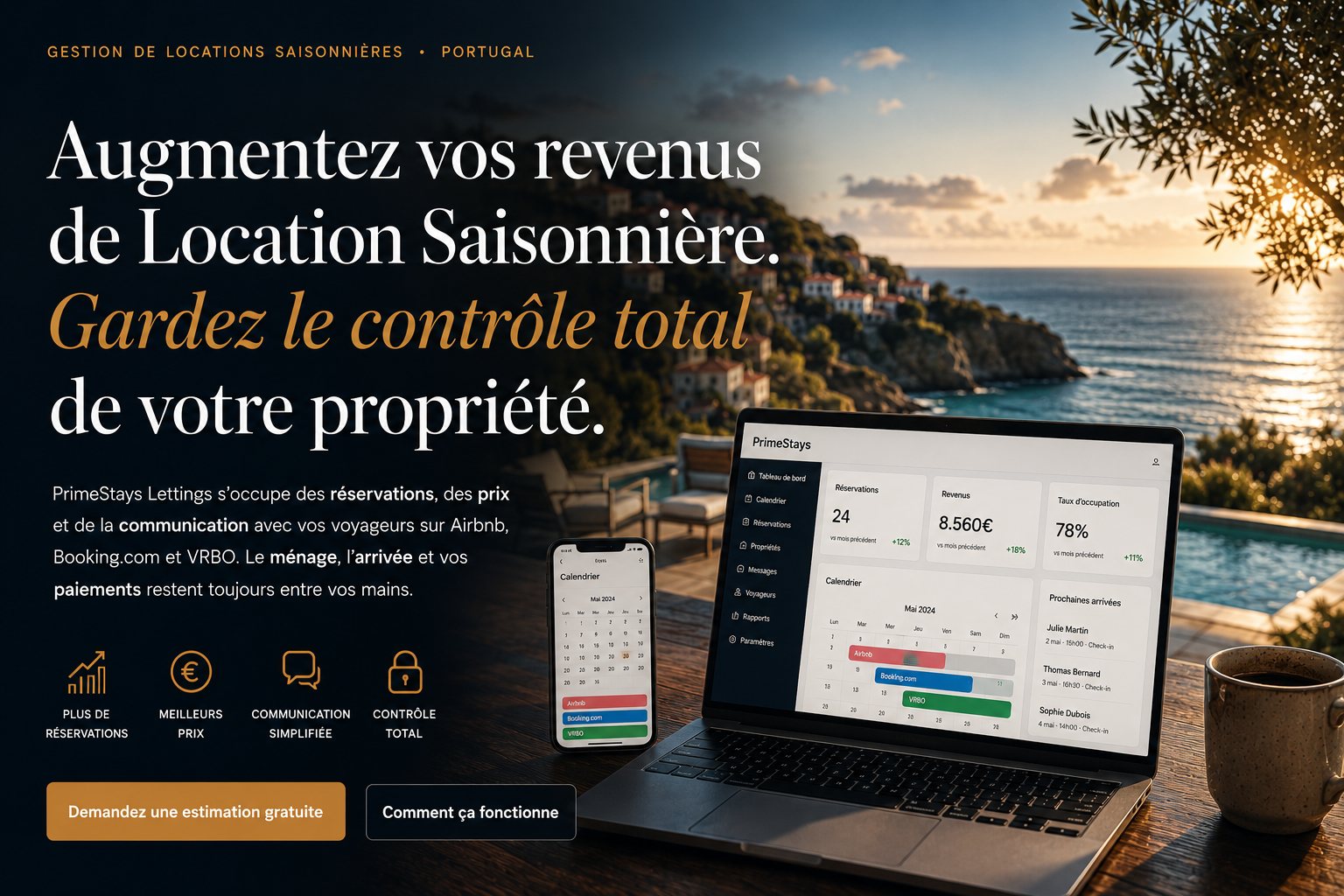 Tableau de bord PrimeStays Lettings avec réservations, revenus et taux d'occupation, vue sur villa avec piscine