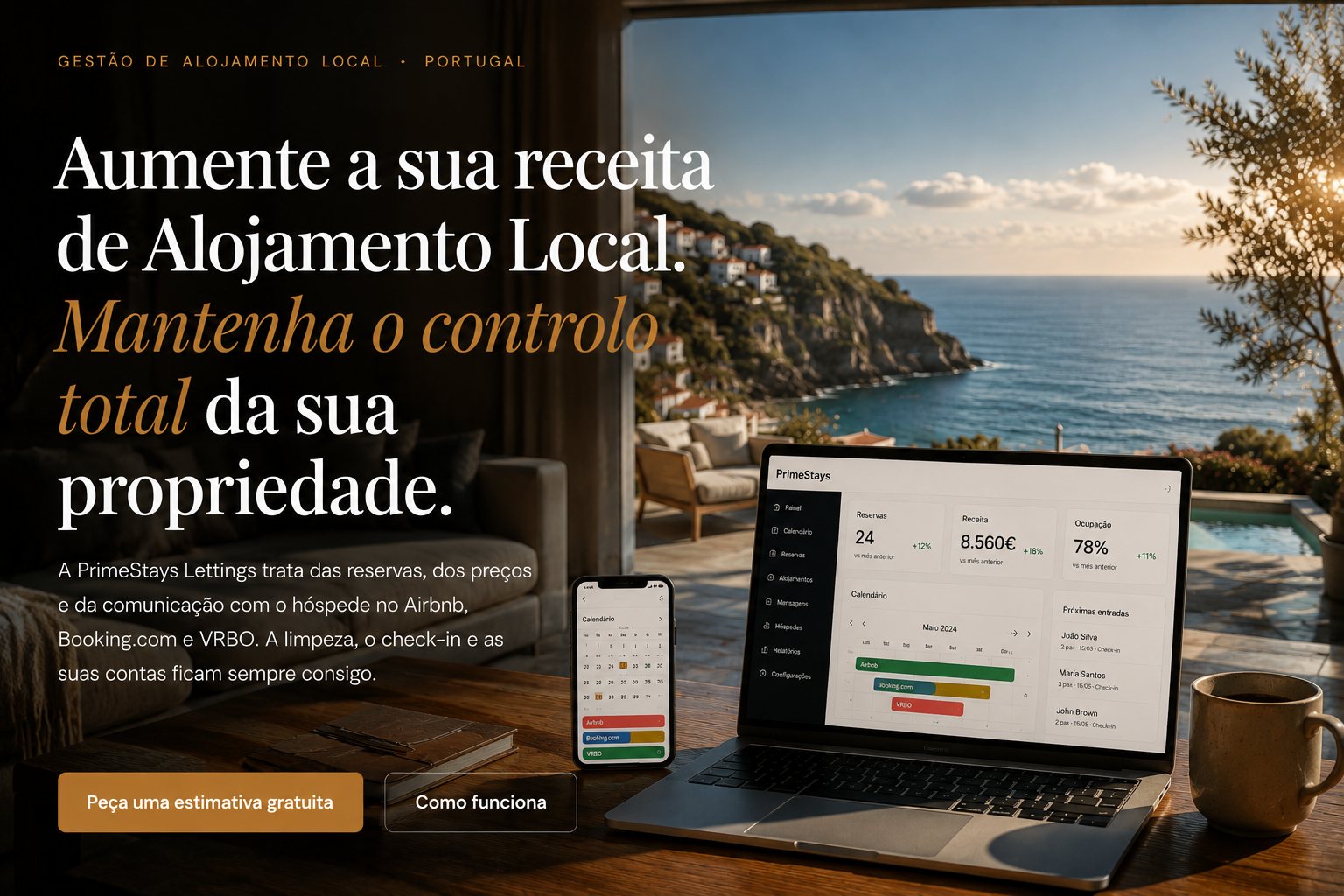Painel PrimeStays Lettings com reservas, receita e ocupação, sobre vista de vivenda com piscina